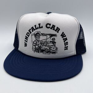 Vtg Black White Windfall Car Wash Trucker Hat Snapback Mesh Cartoon Graphic Art